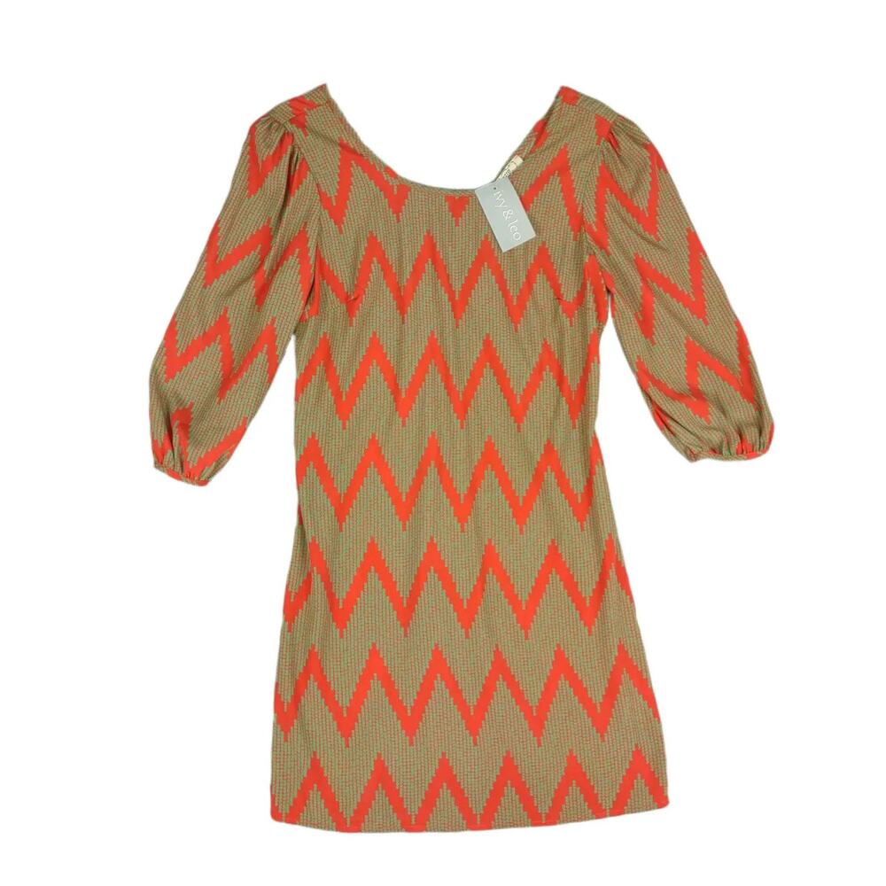 NWT Ivy‎ & Leo EZRA Women's M Red Green Geometric Zig-Zag Puff Sleeve Mini Dress